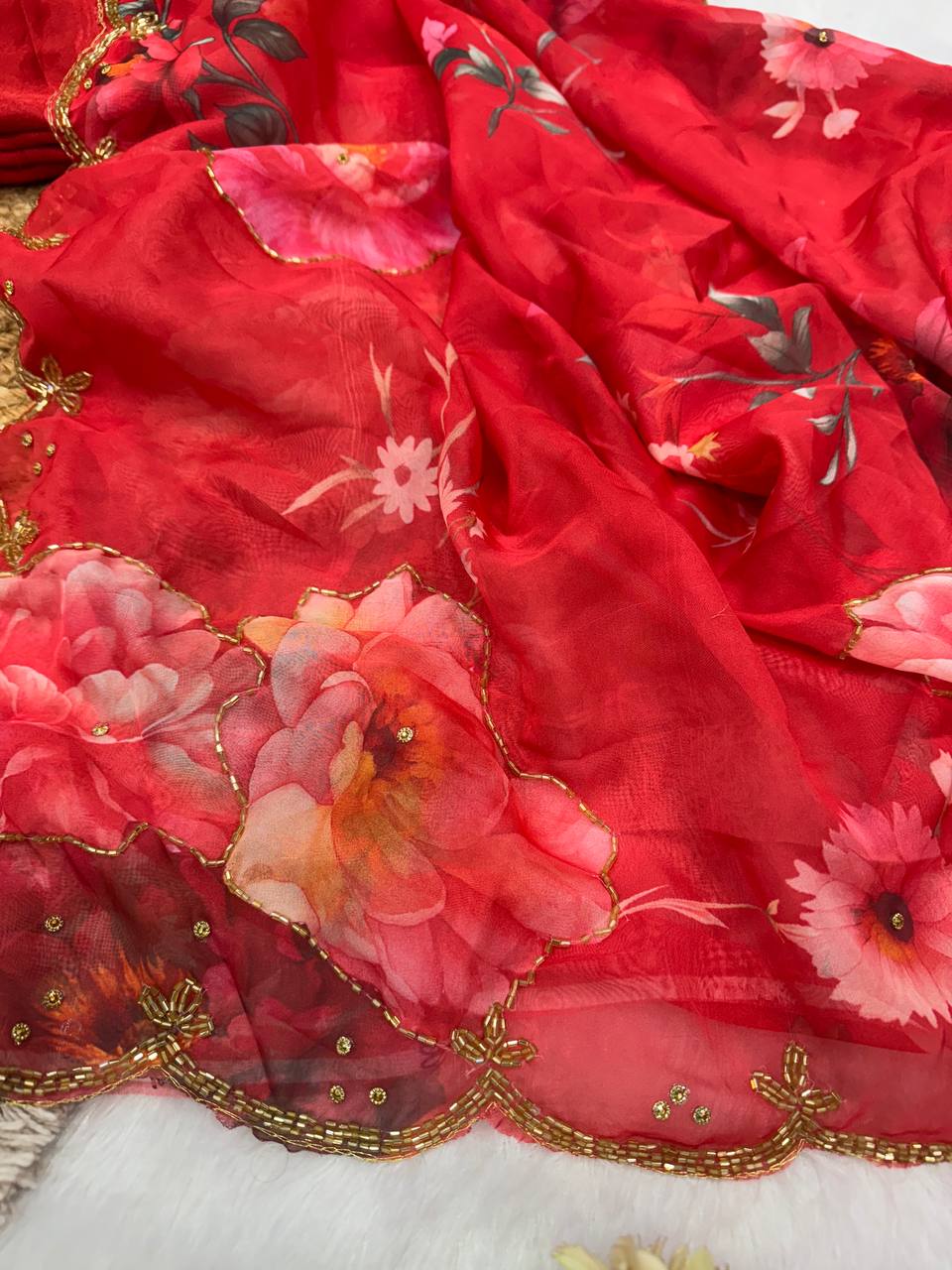 Red Floral Printed Saree with Gold Handwork Border & Matching Blouse