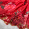 Red Floral Printed Saree with Gold Handwork Border & Matching Blouse