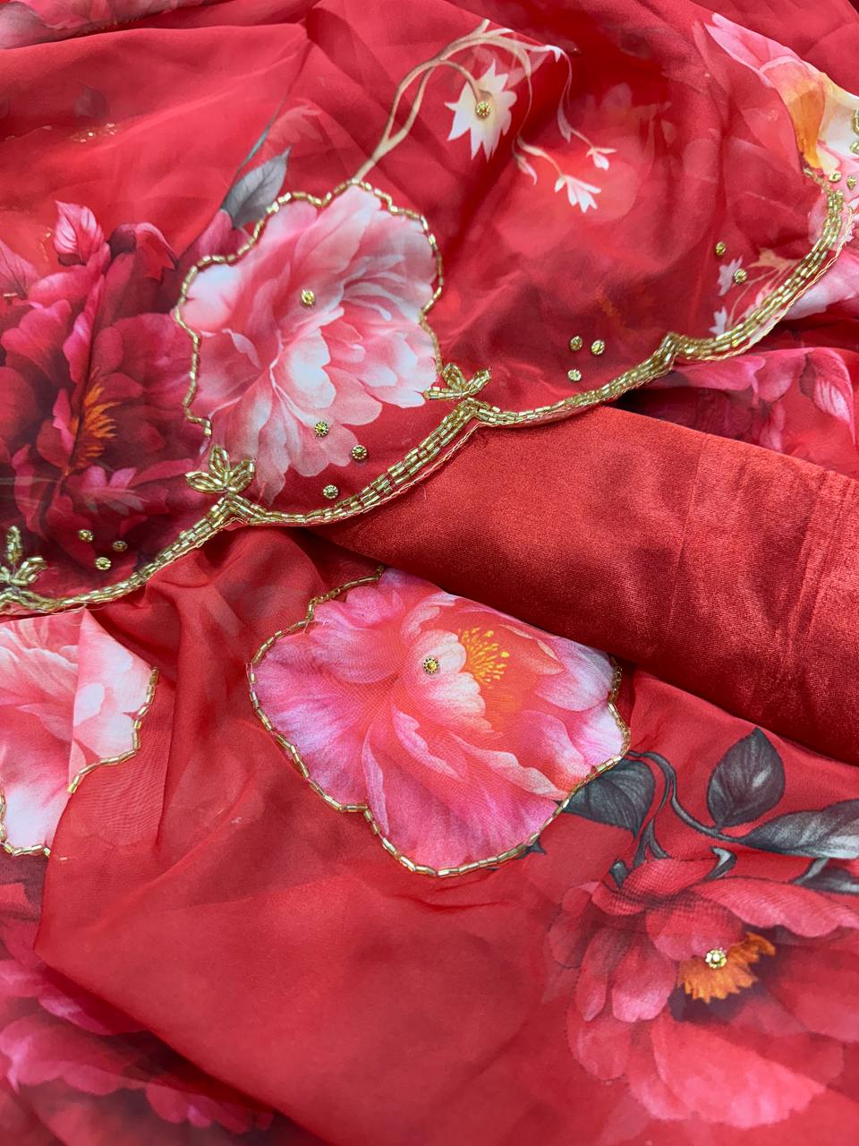 Red Floral Printed Saree with Gold Handwork Border & Matching Blouse