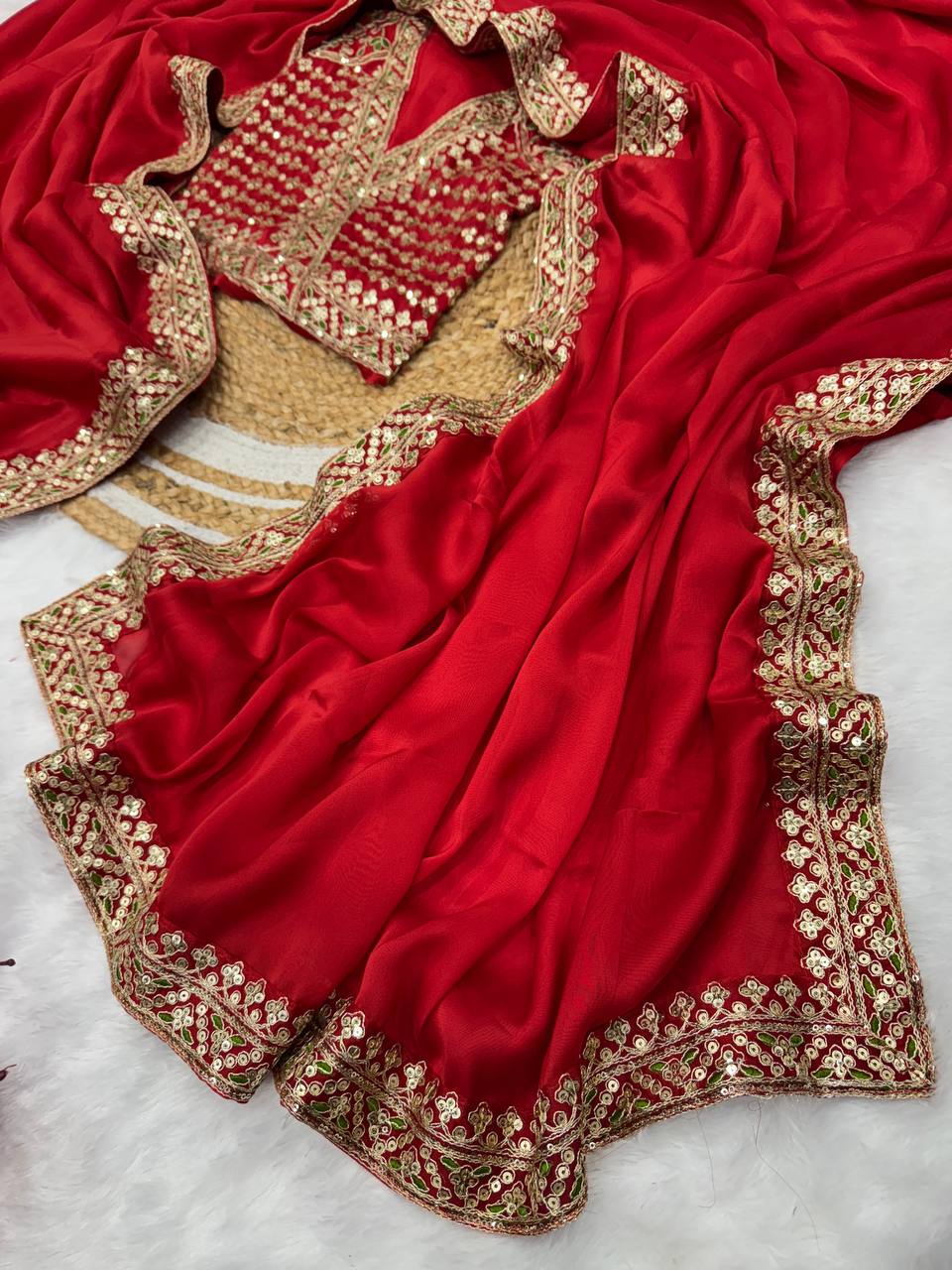 Classic Red Embroidered Saree with Heavy Zari-Sequin Border & Designer Blouse