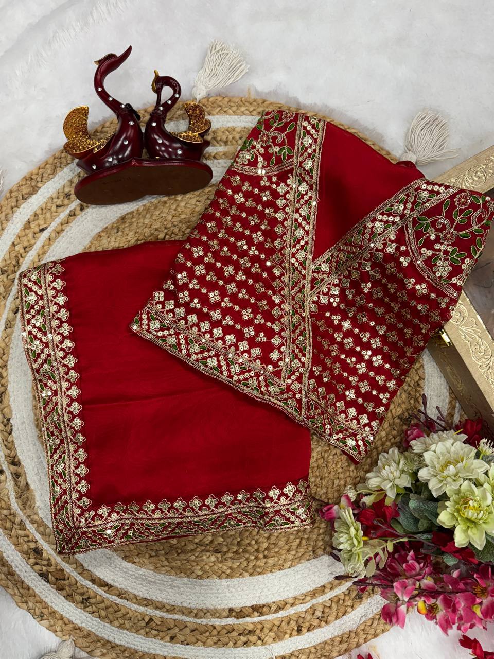Classic Red Embroidered Saree with Heavy Zari-Sequin Border & Designer Blouse