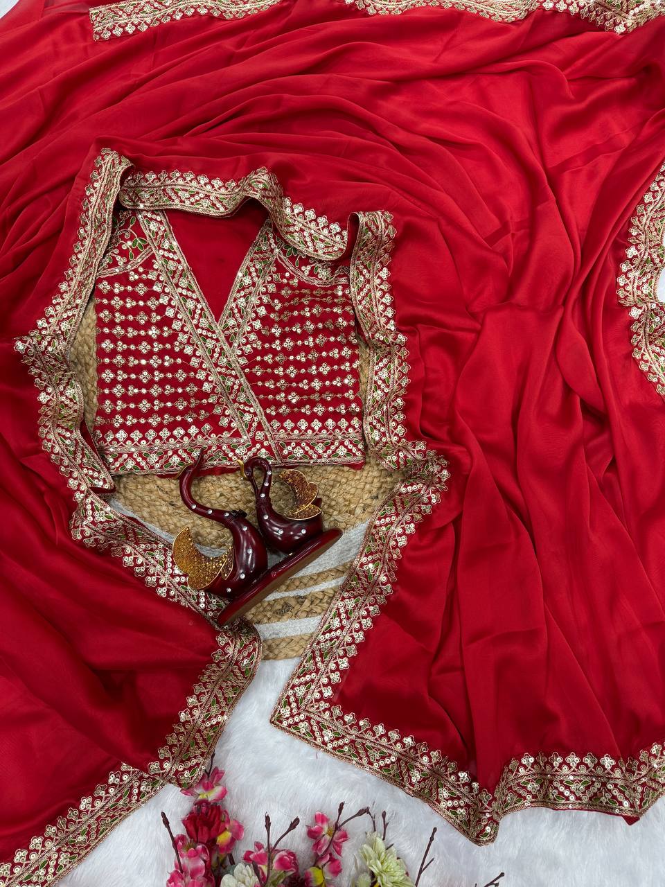 Classic Red Embroidered Saree with Heavy Zari-Sequin Border & Designer Blouse