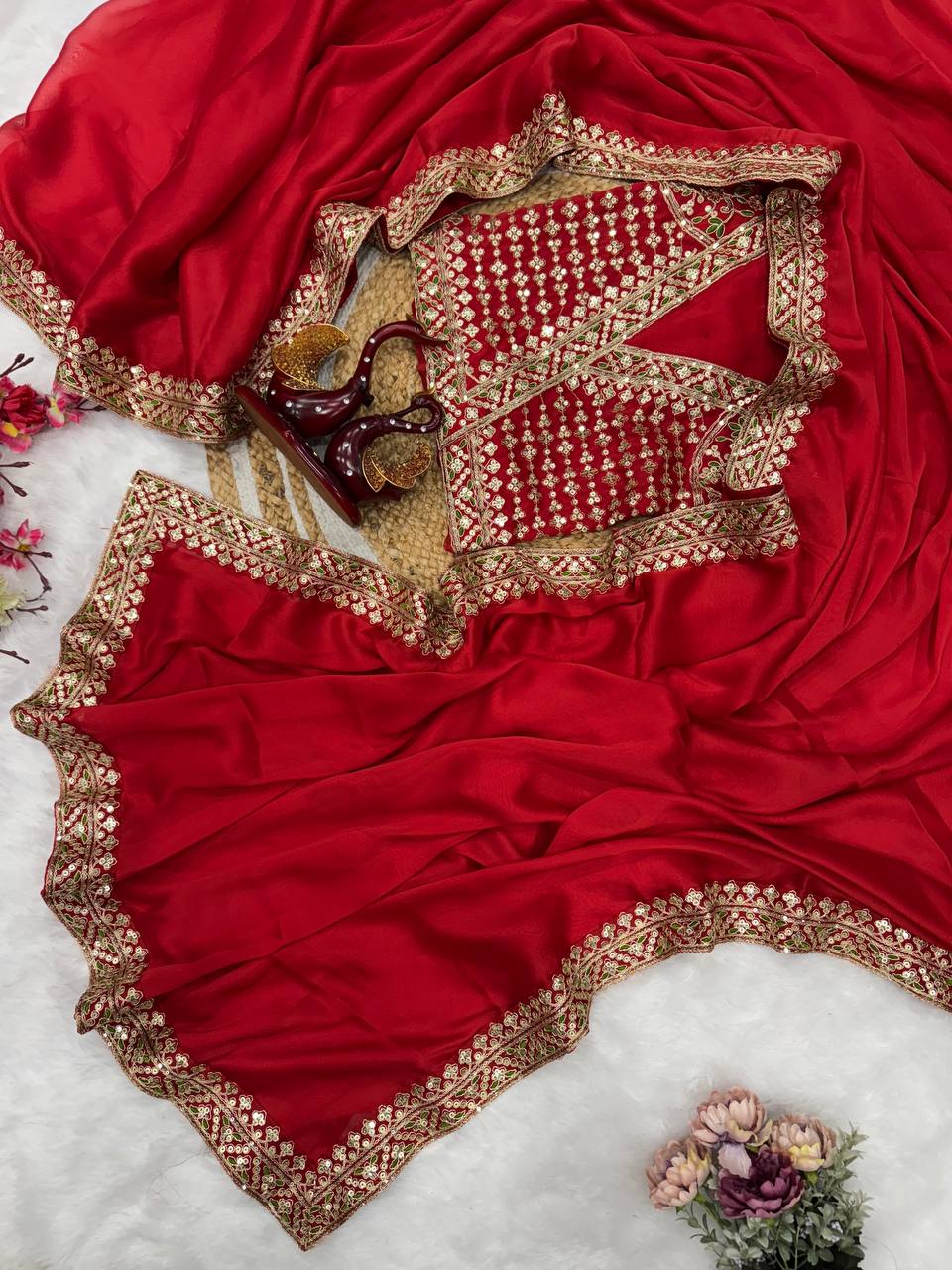 Classic Red Embroidered Saree with Heavy Zari-Sequin Border & Designer Blouse