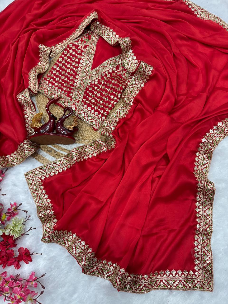 Classic Red Embroidered Saree with Heavy Zari-Sequin Border & Designer Blouse
