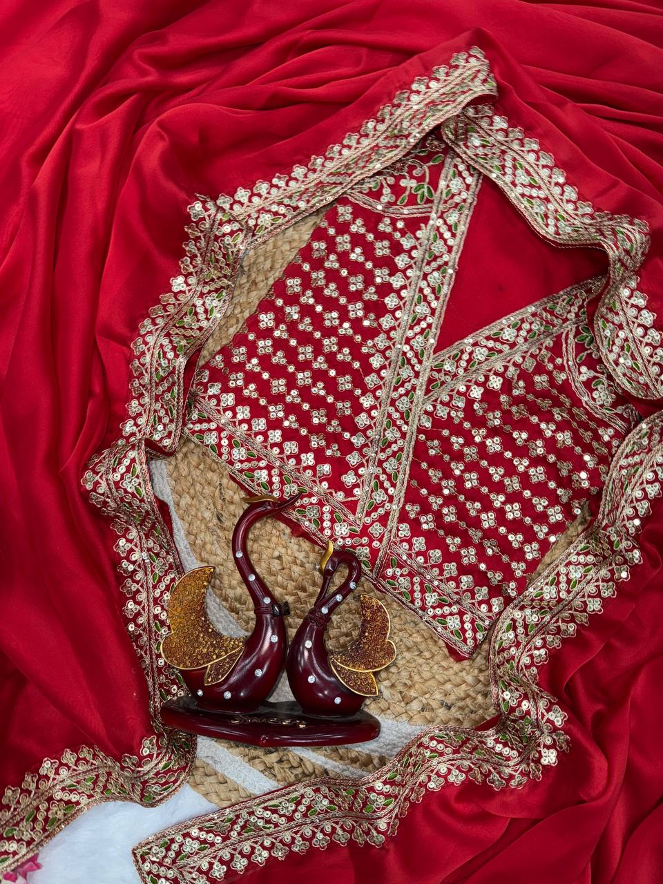 Classic Red Embroidered Saree with Heavy Zari-Sequin Border & Designer Blouse