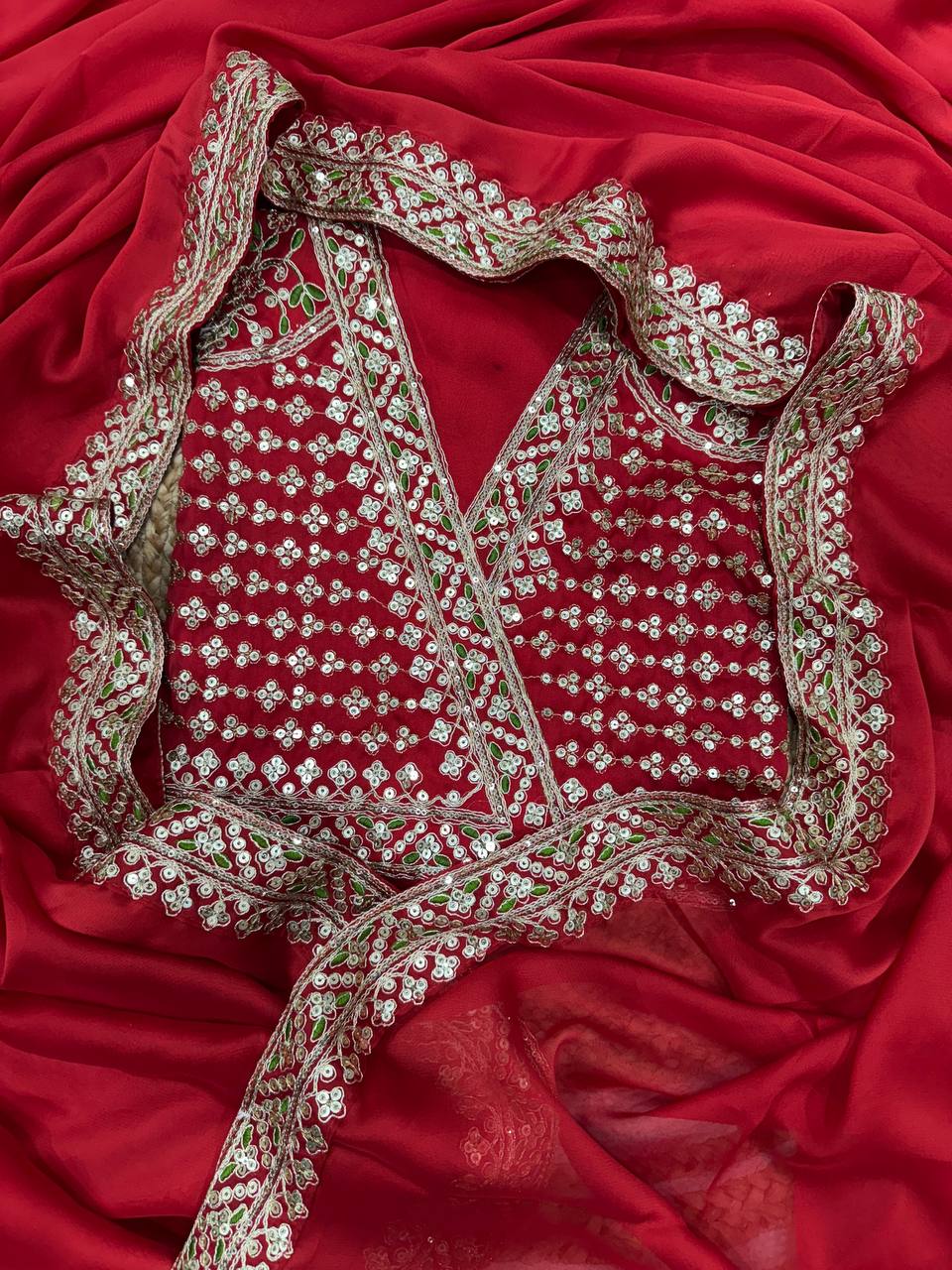 Classic Red Embroidered Saree with Heavy Zari-Sequin Border & Designer Blouse