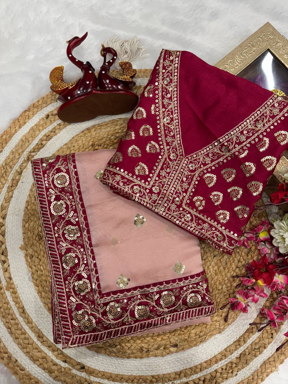Maroon & Blush Pink Embroidered Saree with Heavy Sequin Zari Border and Designer Blouse
