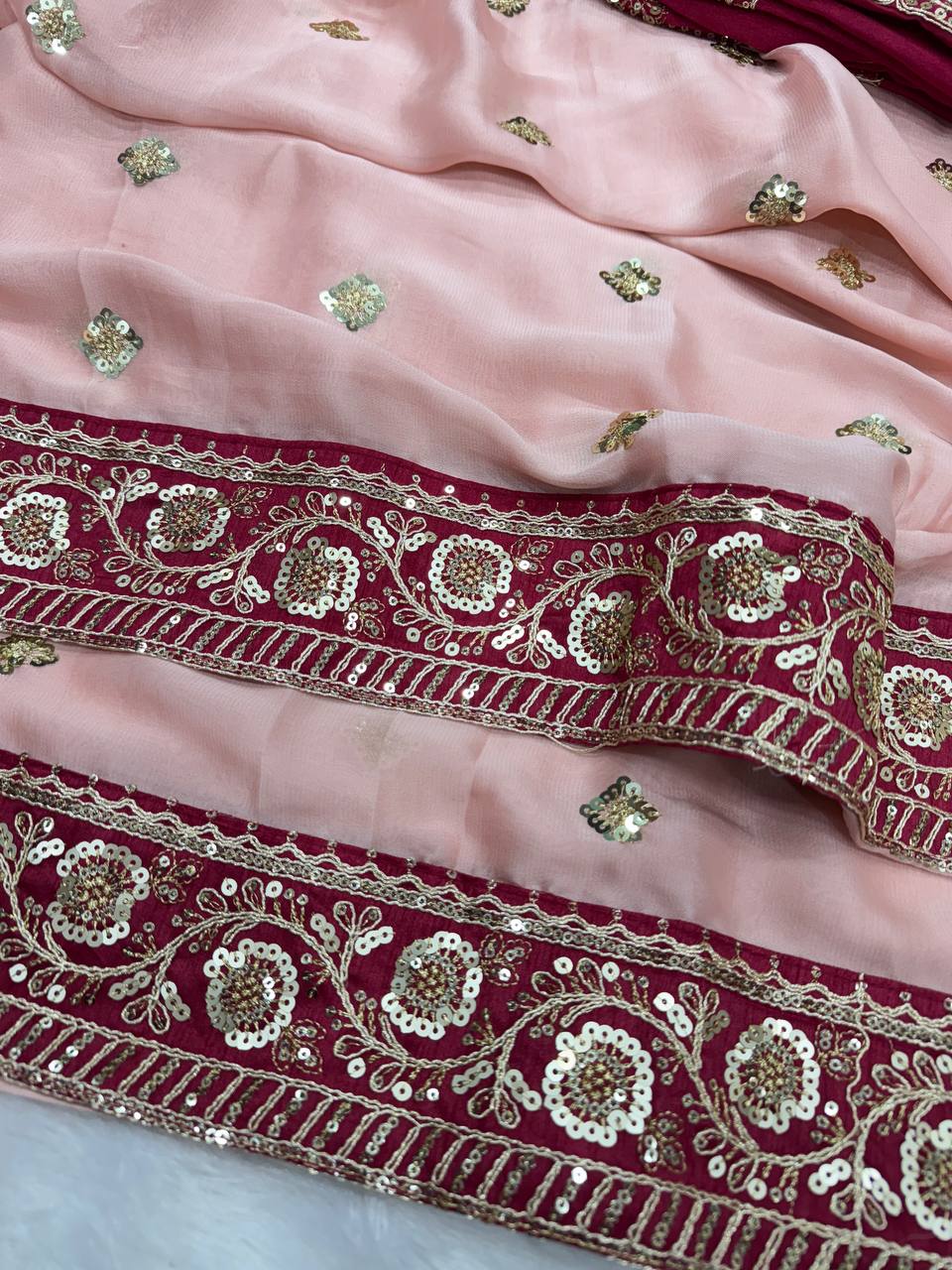 Maroon & Blush Pink Embroidered Saree with Heavy Sequin Zari Border and Designer Blouse