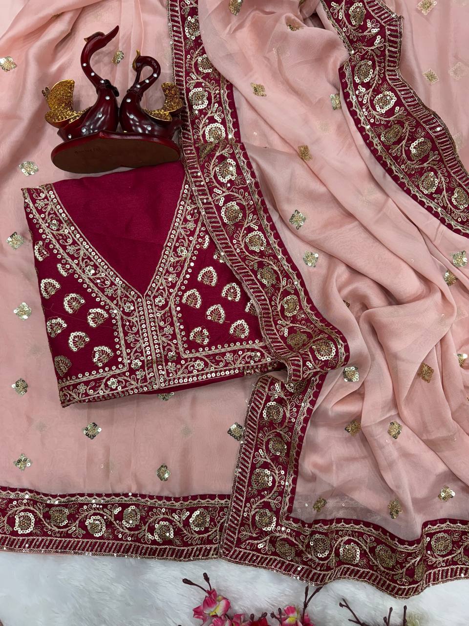 Maroon & Blush Pink Embroidered Saree with Heavy Sequin Zari Border and Designer Blouse