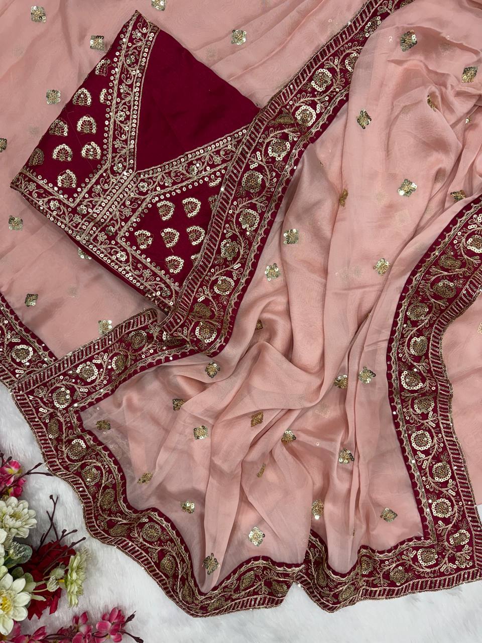 Maroon & Blush Pink Embroidered Saree with Heavy Sequin Zari Border and Designer Blouse