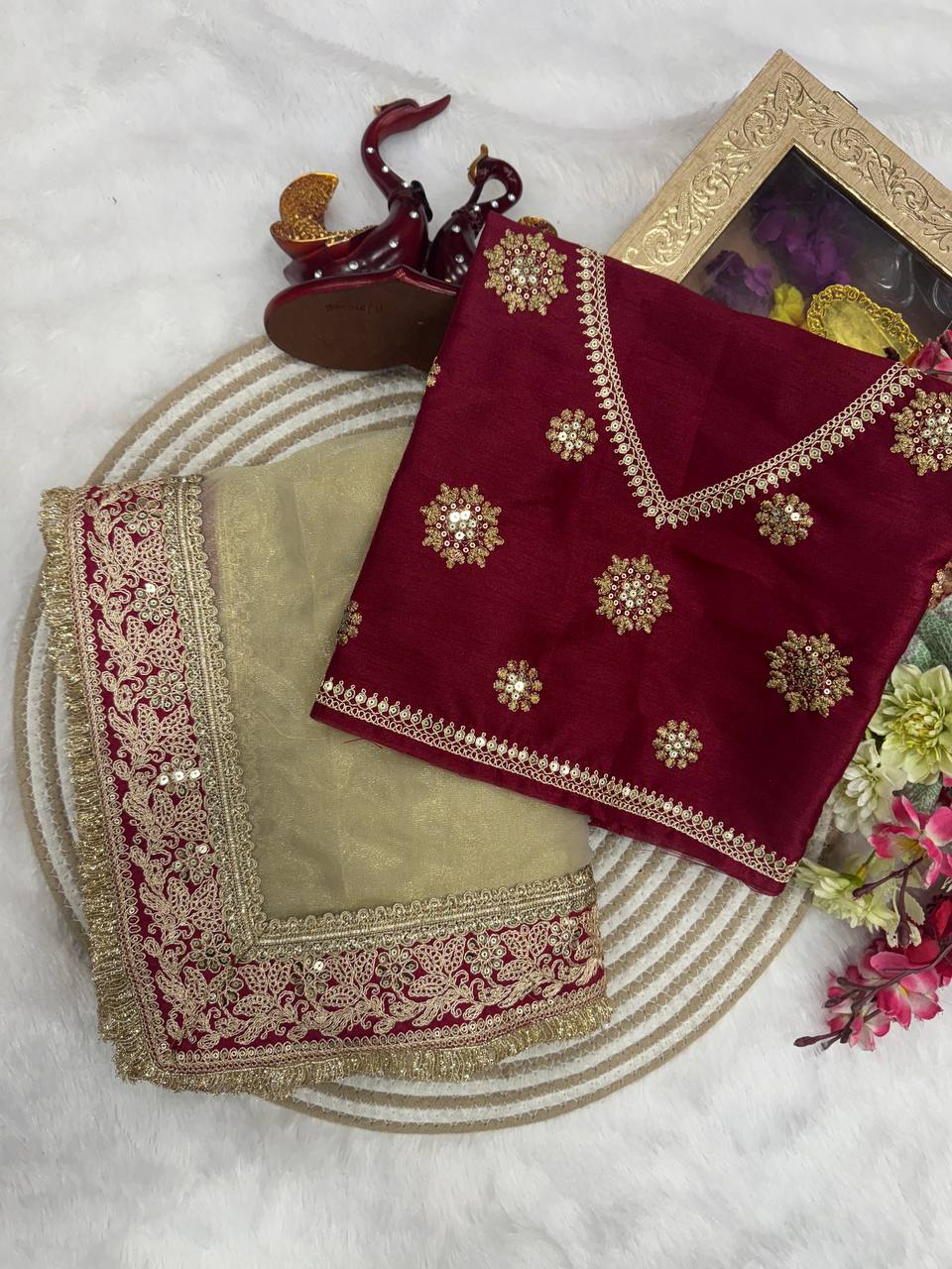 Maroon Embroidered Silk Blouse with Ivory Net Dupatta & Heavy Zari Border