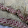 Maroon Embroidered Silk Blouse with Ivory Net Dupatta & Heavy Zari Border