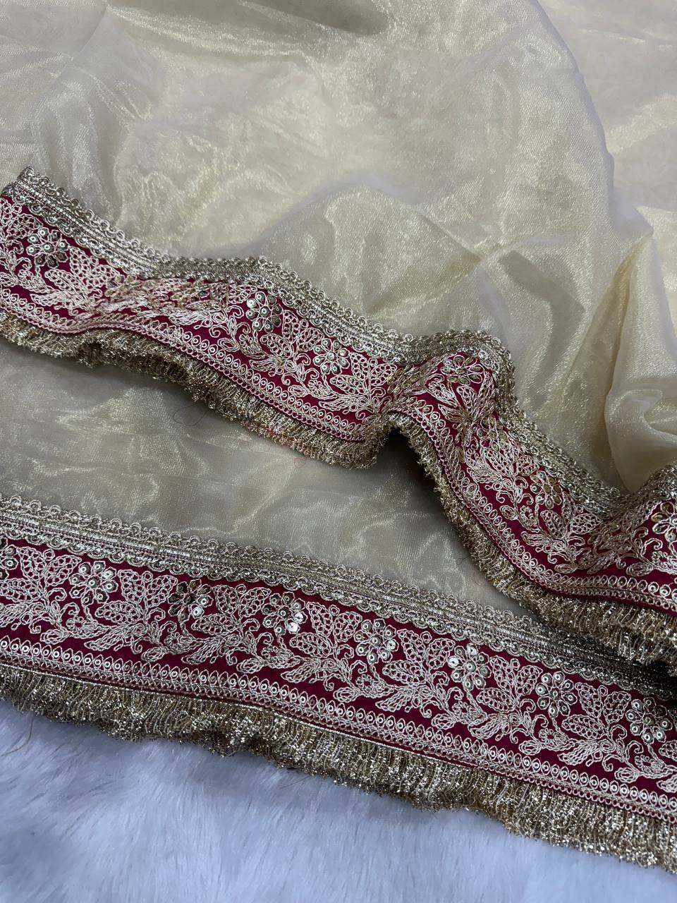 Maroon Embroidered Silk Blouse with Ivory Net Dupatta & Heavy Zari Border