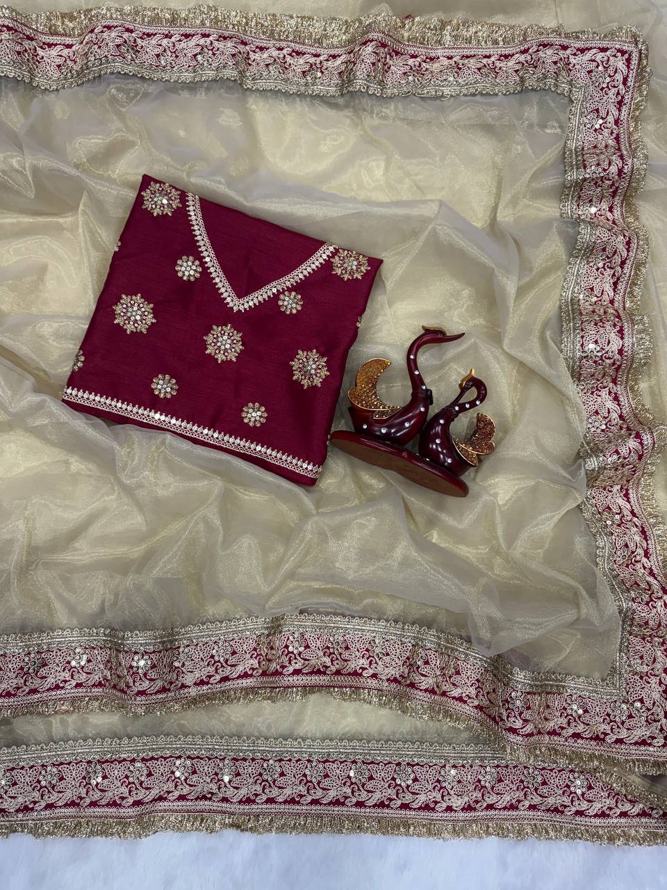 Maroon Embroidered Silk Blouse with Ivory Net Dupatta & Heavy Zari Border