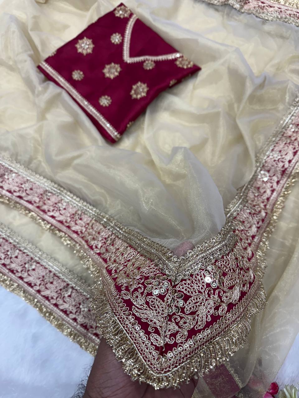 Maroon Embroidered Silk Blouse with Ivory Net Dupatta & Heavy Zari Border