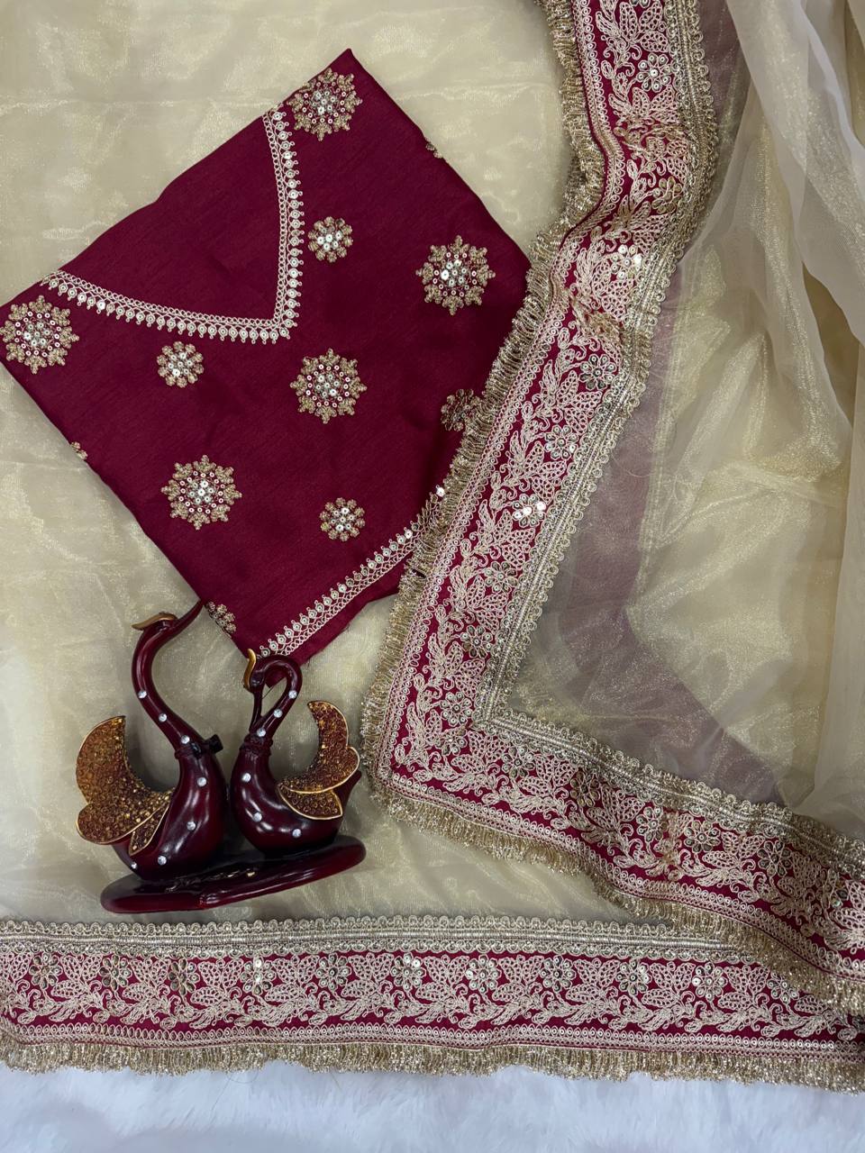 Maroon Embroidered Silk Blouse with Ivory Net Dupatta & Heavy Zari Border