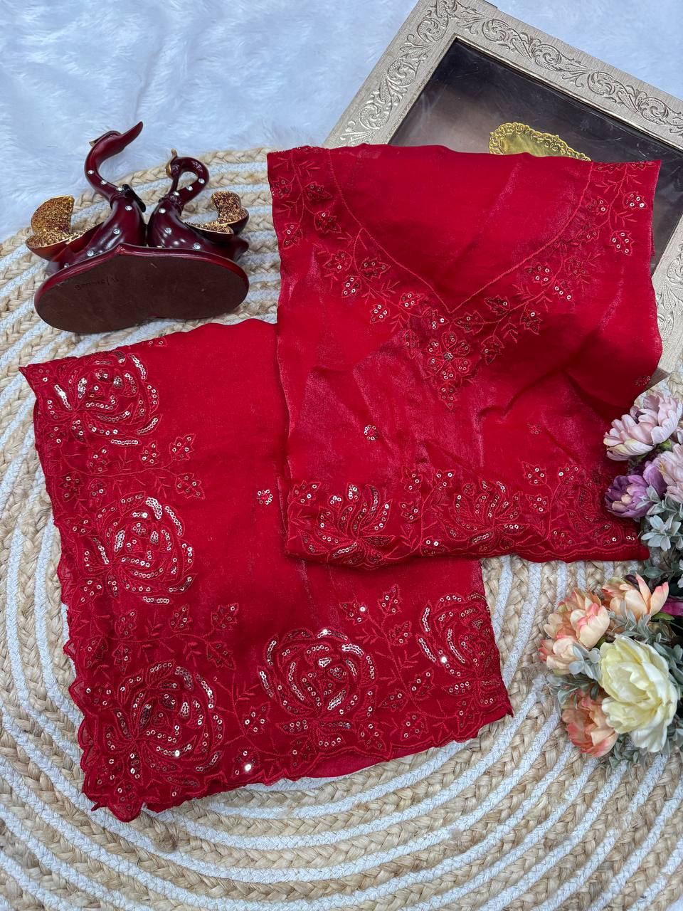 Classic Red Organza Silk Saree with Floral Sequin Embroidery and Matching Blouse