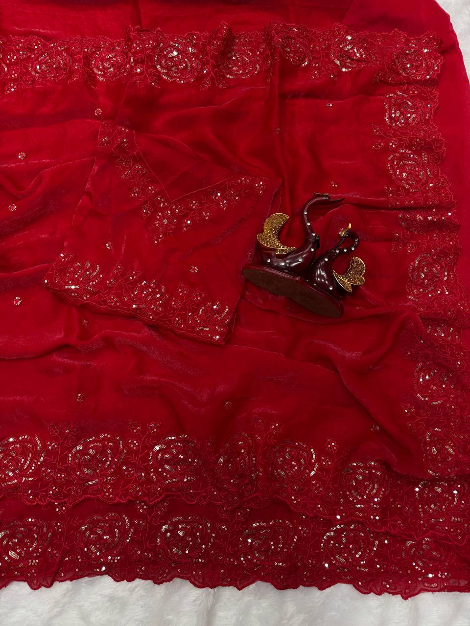 Classic Red Organza Silk Saree with Floral Sequin Embroidery and Matching Blouse