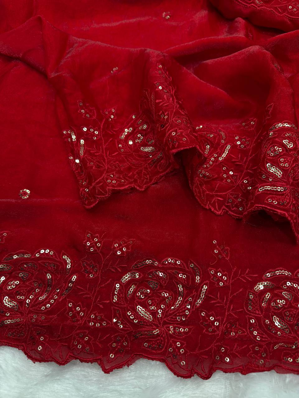 Classic Red Organza Silk Saree with Floral Sequin Embroidery and Matching Blouse