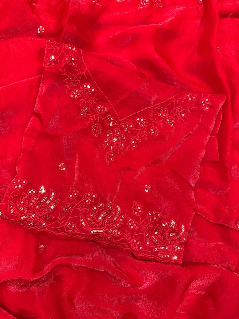 Classic Red Organza Silk Saree with Floral Sequin Embroidery and Matching Blouse
