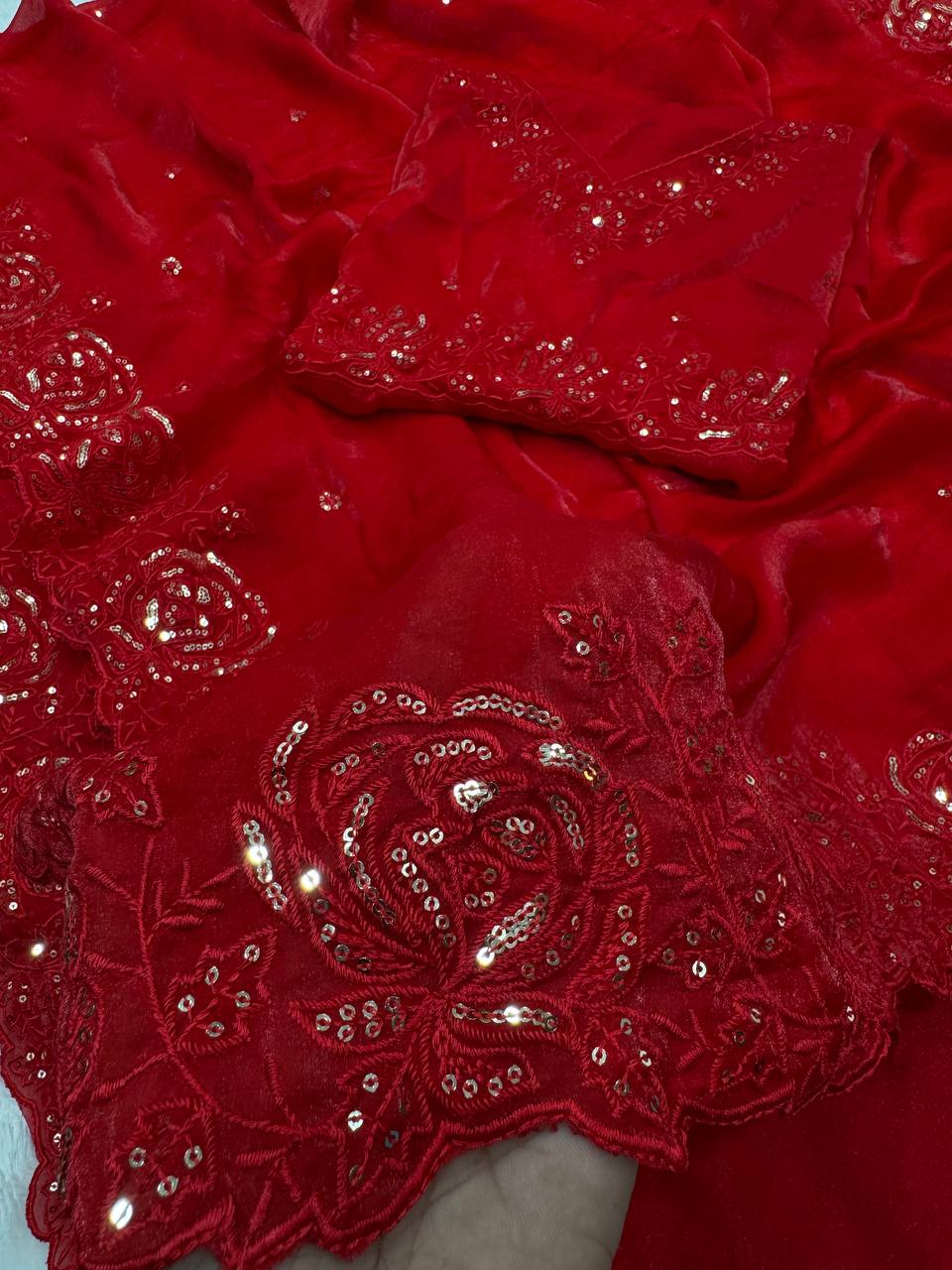 Classic Red Organza Silk Saree with Floral Sequin Embroidery and Matching Blouse