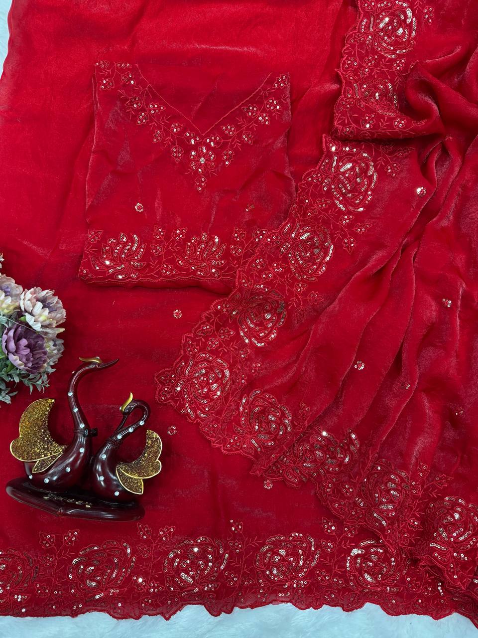 Classic Red Organza Silk Saree with Floral Sequin Embroidery and Matching Blouse