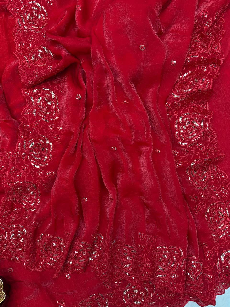 Classic Red Organza Silk Saree with Floral Sequin Embroidery and Matching Blouse