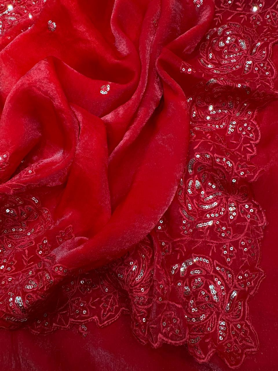 Classic Red Organza Silk Saree with Floral Sequin Embroidery and Matching Blouse