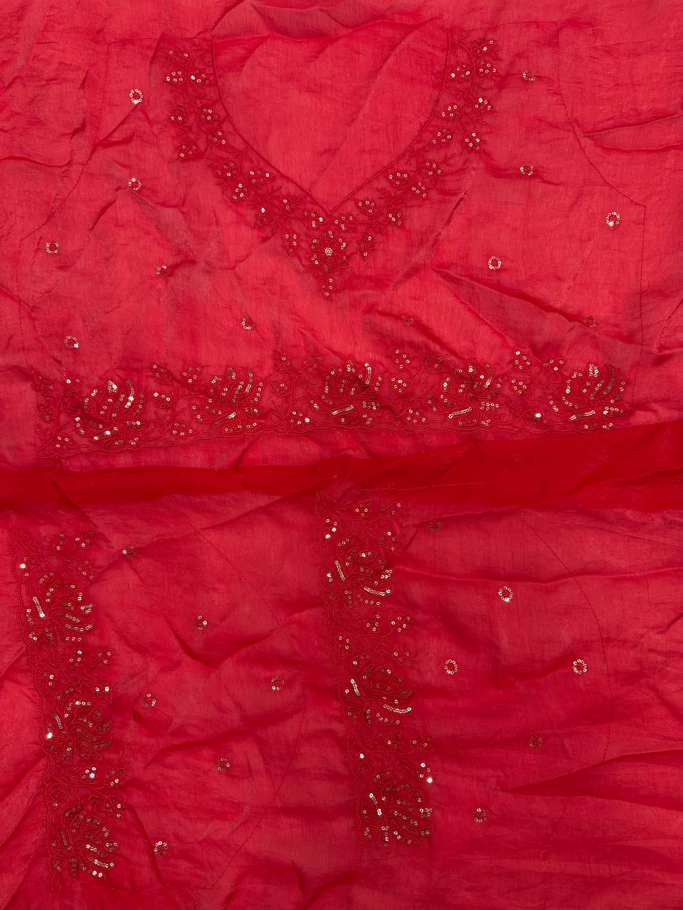 Classic Red Organza Silk Saree with Floral Sequin Embroidery and Matching Blouse