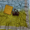 Olive Green & Pastel Blue Silk Saree with Heavy Mirror Border and Mustard Embroidered Blouse