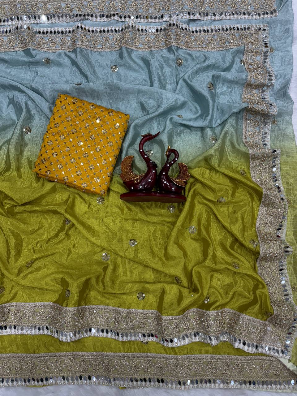 Olive Green & Pastel Blue Silk Saree with Heavy Mirror Border and Mustard Embroidered Blouse