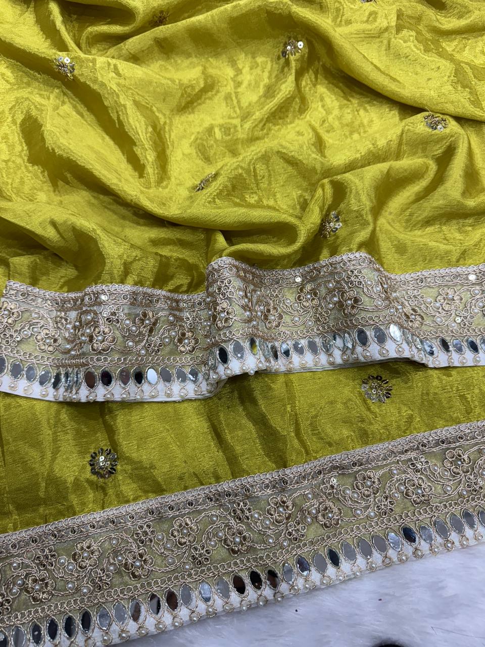 Olive Green & Pastel Blue Silk Saree with Heavy Mirror Border and Mustard Embroidered Blouse