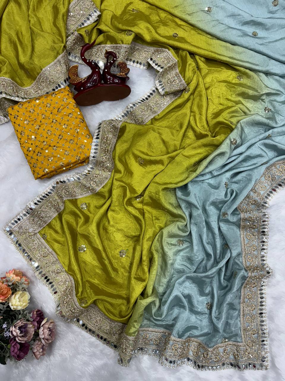 Olive Green & Pastel Blue Silk Saree with Heavy Mirror Border and Mustard Embroidered Blouse