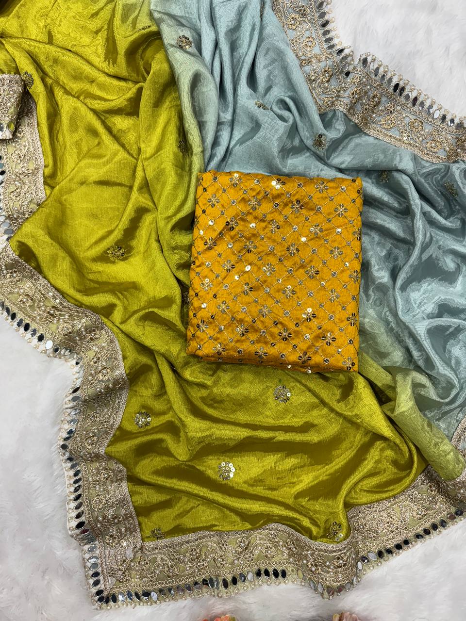 Olive Green & Pastel Blue Silk Saree with Heavy Mirror Border and Mustard Embroidered Blouse