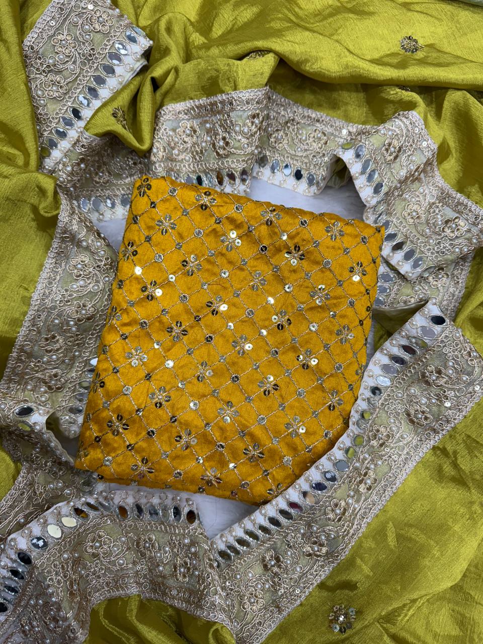 Olive Green & Pastel Blue Silk Saree with Heavy Mirror Border and Mustard Embroidered Blouse