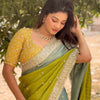 Olive Green & Pastel Blue Silk Saree with Heavy Mirror Border and Mustard Embroidered Blouse