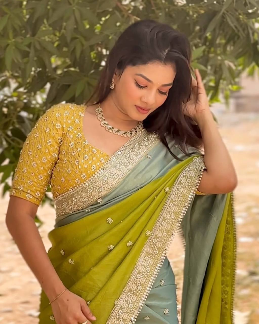 Olive Green & Pastel Blue Silk Saree with Heavy Mirror Border and Mustard Embroidered Blouse