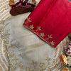 Ivory Organza Saree with Gold Floral Embroidery Border & Red Blouse Piece