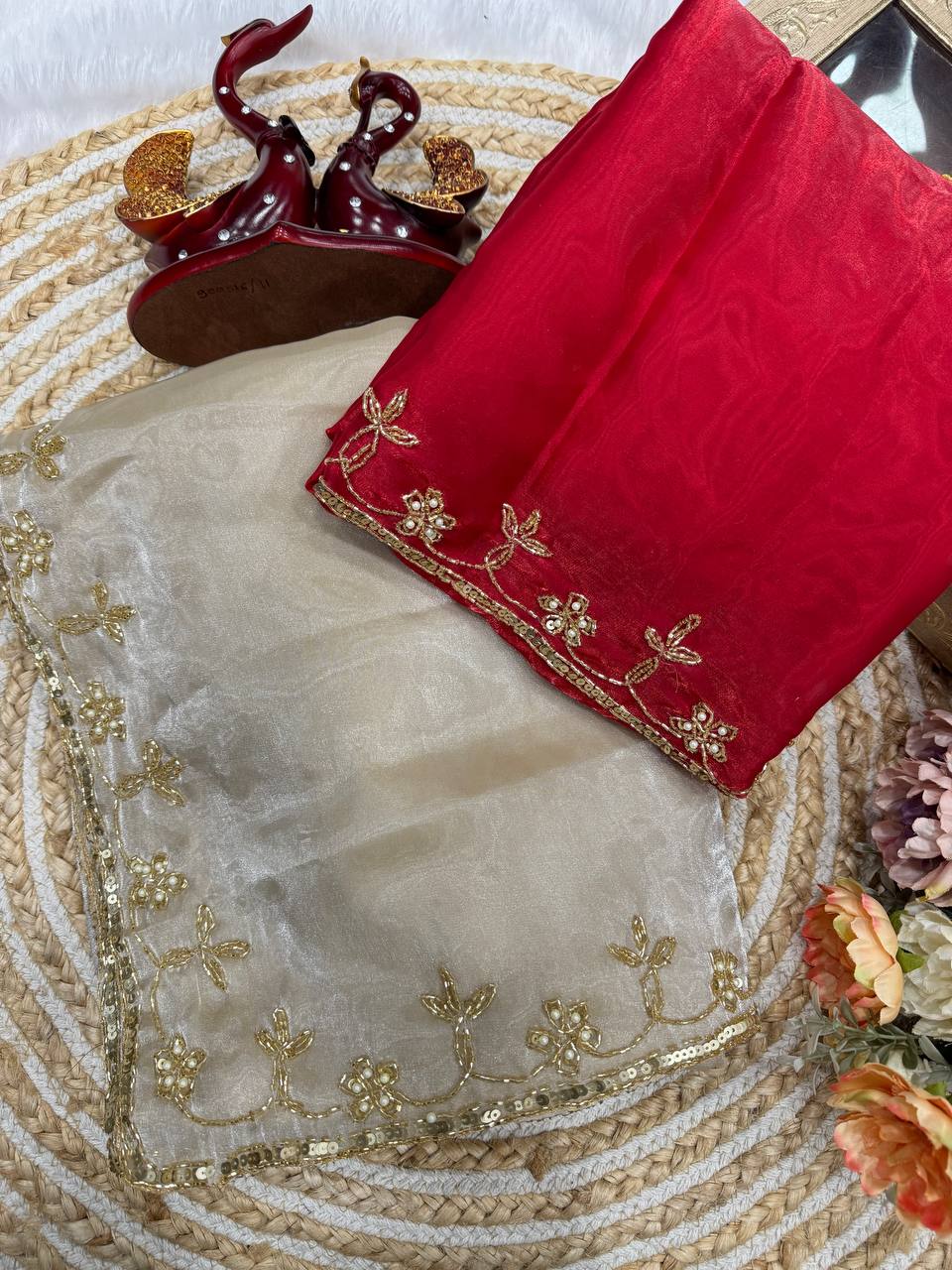 Ivory Organza Saree with Gold Floral Embroidery Border & Red Blouse Piece