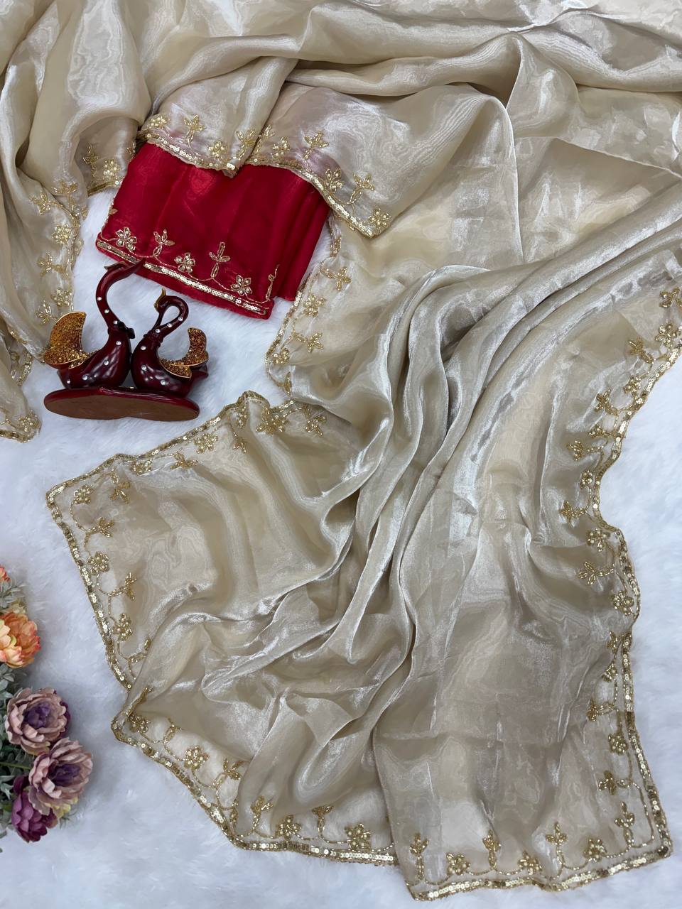 Ivory Organza Saree with Gold Floral Embroidery Border & Red Blouse Piece