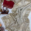 Ivory Organza Saree with Gold Floral Embroidery Border & Red Blouse Piece