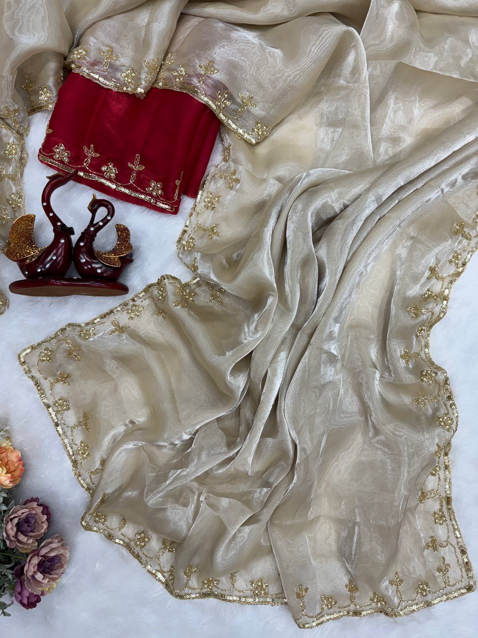Ivory Organza Saree with Gold Floral Embroidery Border & Red Blouse Piece