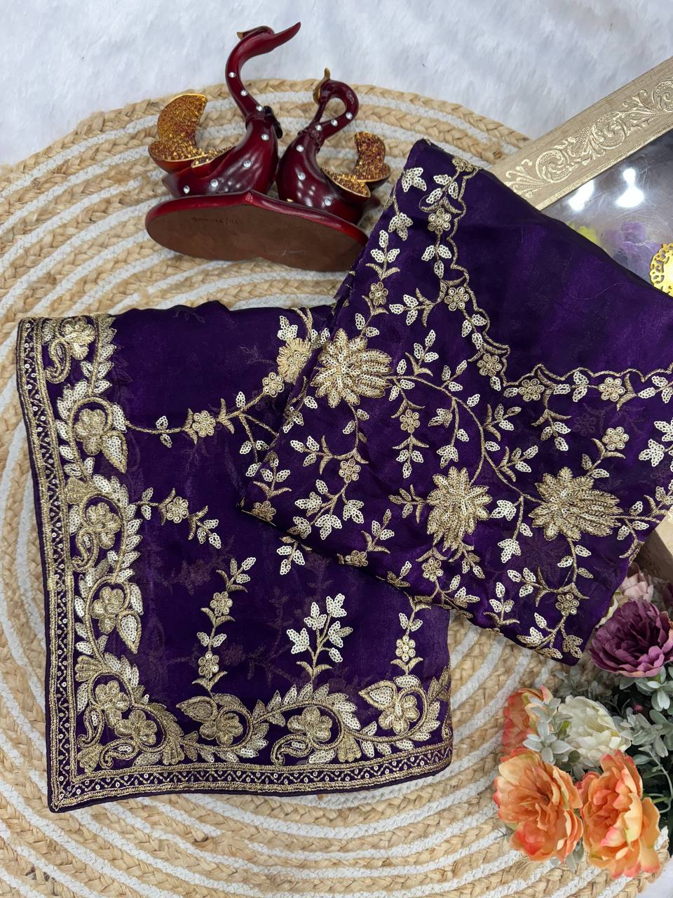 Royal Purple Organza Saree with Heavy Gold Embroidered Border & Designer Blouse