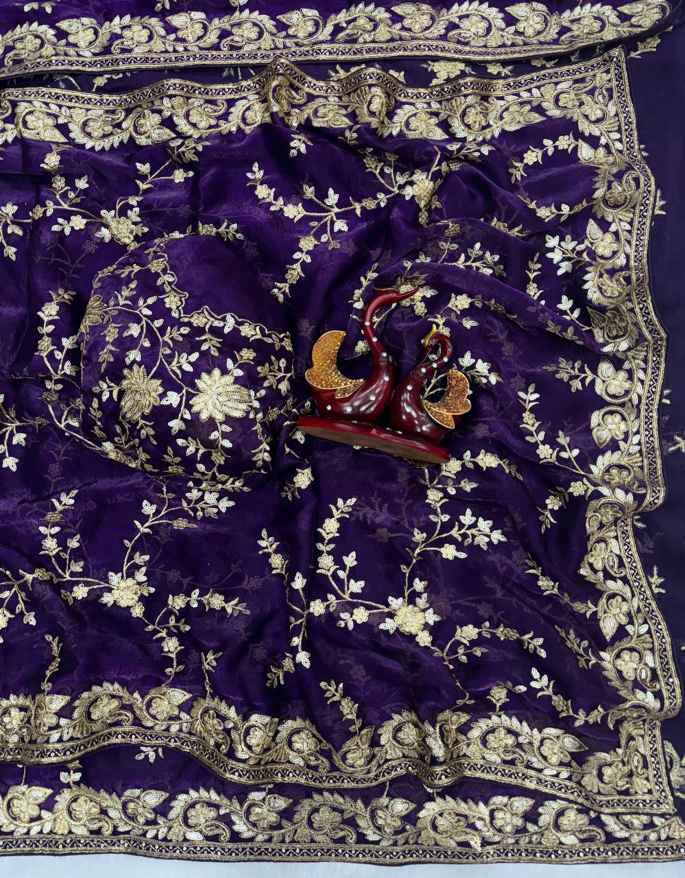 Royal Purple Organza Saree with Heavy Gold Embroidered Border & Designer Blouse