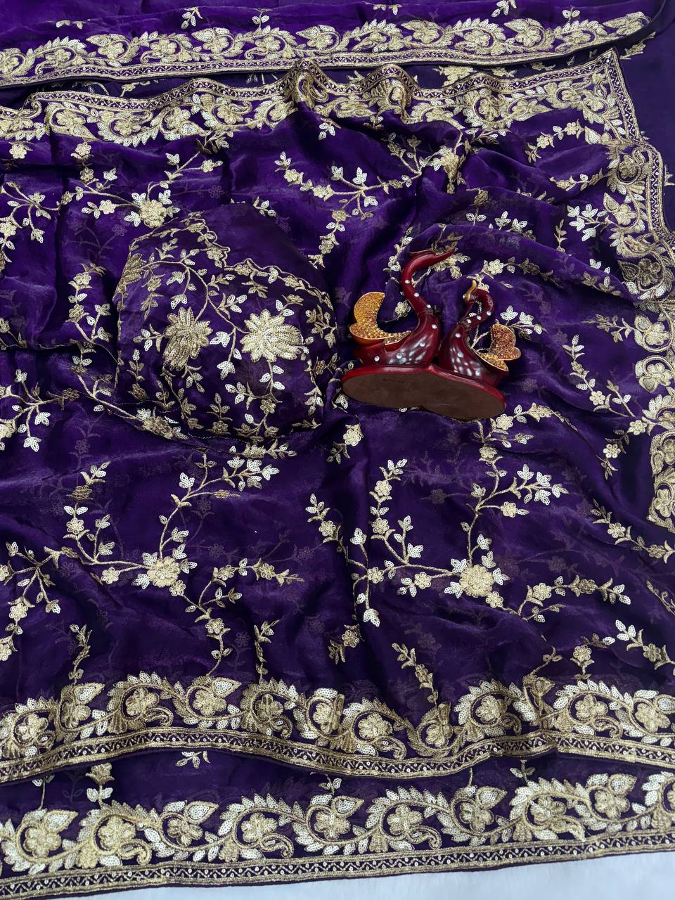 Royal Purple Organza Saree with Heavy Gold Embroidered Border & Designer Blouse