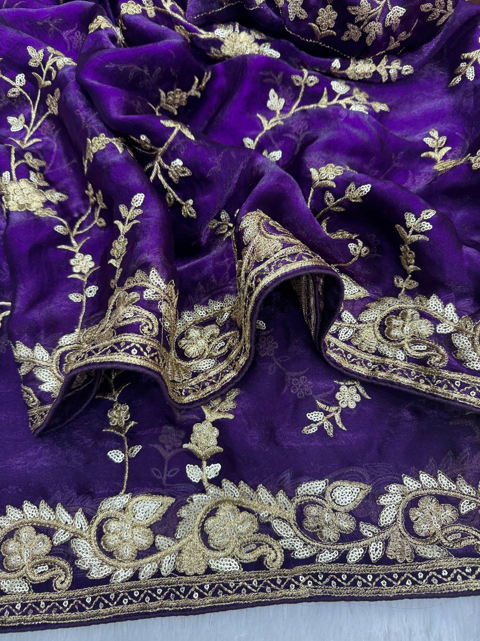 Royal Purple Organza Saree with Heavy Gold Embroidered Border & Designer Blouse