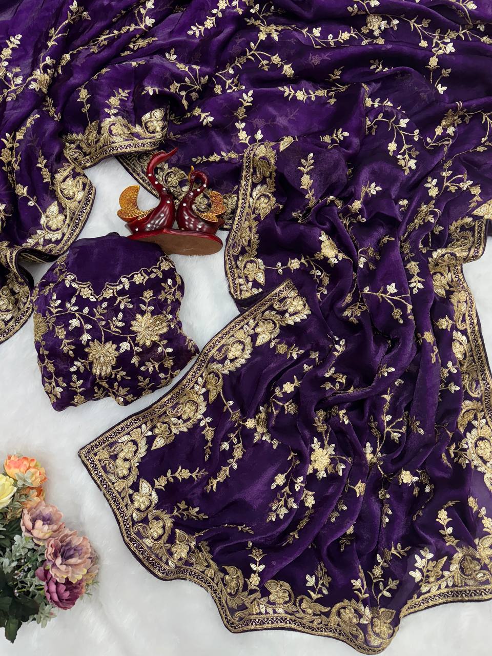 Royal Purple Organza Saree with Heavy Gold Embroidered Border & Designer Blouse