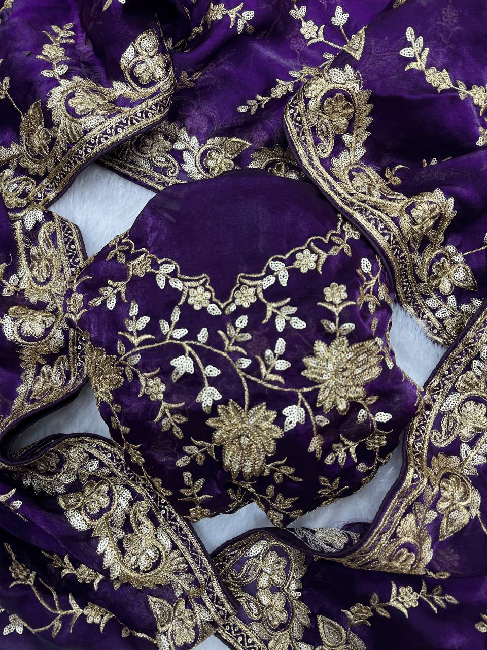 Royal Purple Organza Saree with Heavy Gold Embroidered Border & Designer Blouse