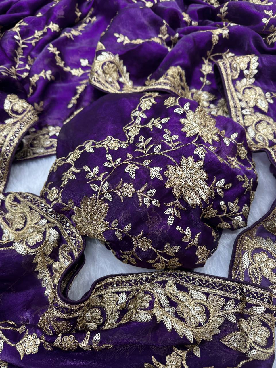 Royal Purple Organza Saree with Heavy Gold Embroidered Border & Designer Blouse