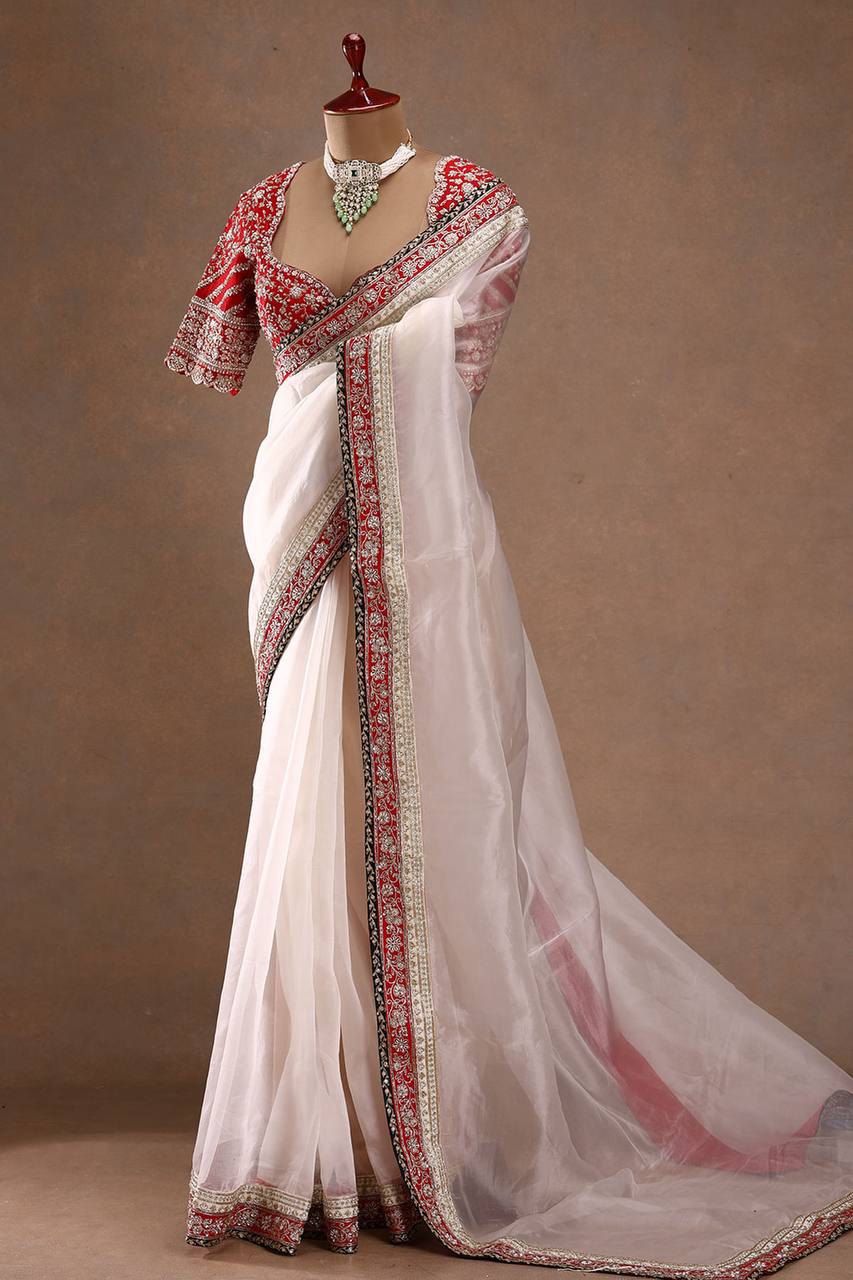 Red & Ivory Silk Saree with Heavy Floral Embroidered Border and Designer Blouse